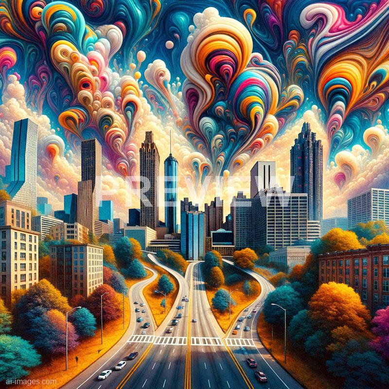 The image depicts a vibrant cityscape with tall skyscrapers and modern buildings, set against a sky filled with swirling, colorful clouds and smoke-like patterns in shades of orange, pink, blue, and purple. The foreground features a multi-lane highway with cars traveling in both directions, bordered by trees with autumnal foliage in bright orange, yellow, and teal. The sky's surreal and abstract elements give the scene a dream-like, fantastical quality.